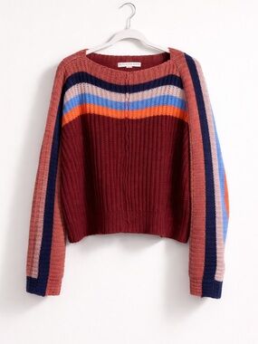 Striped Ribbed Crewneck Sweater in Burgundy and Rust chunky block XL